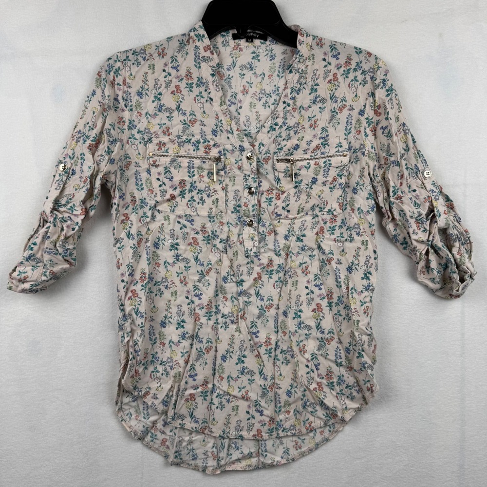 RolyPoly Floral Print Blouse Women's Medium 3/4‎ Sleeve Zipper Pocket Top